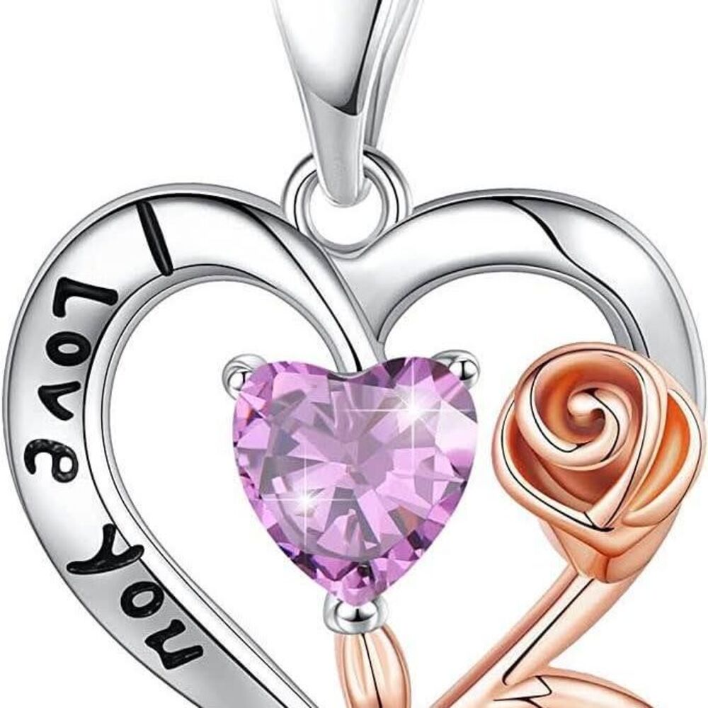 Love Heart Pendant Necklace for Women Sterling Silver Rose Flower Heart Necklace